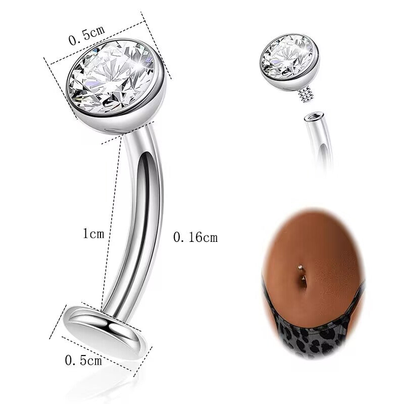 Size chart for a 14G silver reverse belly ring showing 10mm bar length and 5mm crystal, alongside a model showing the top-down floating wear effect on a stomach piercing.