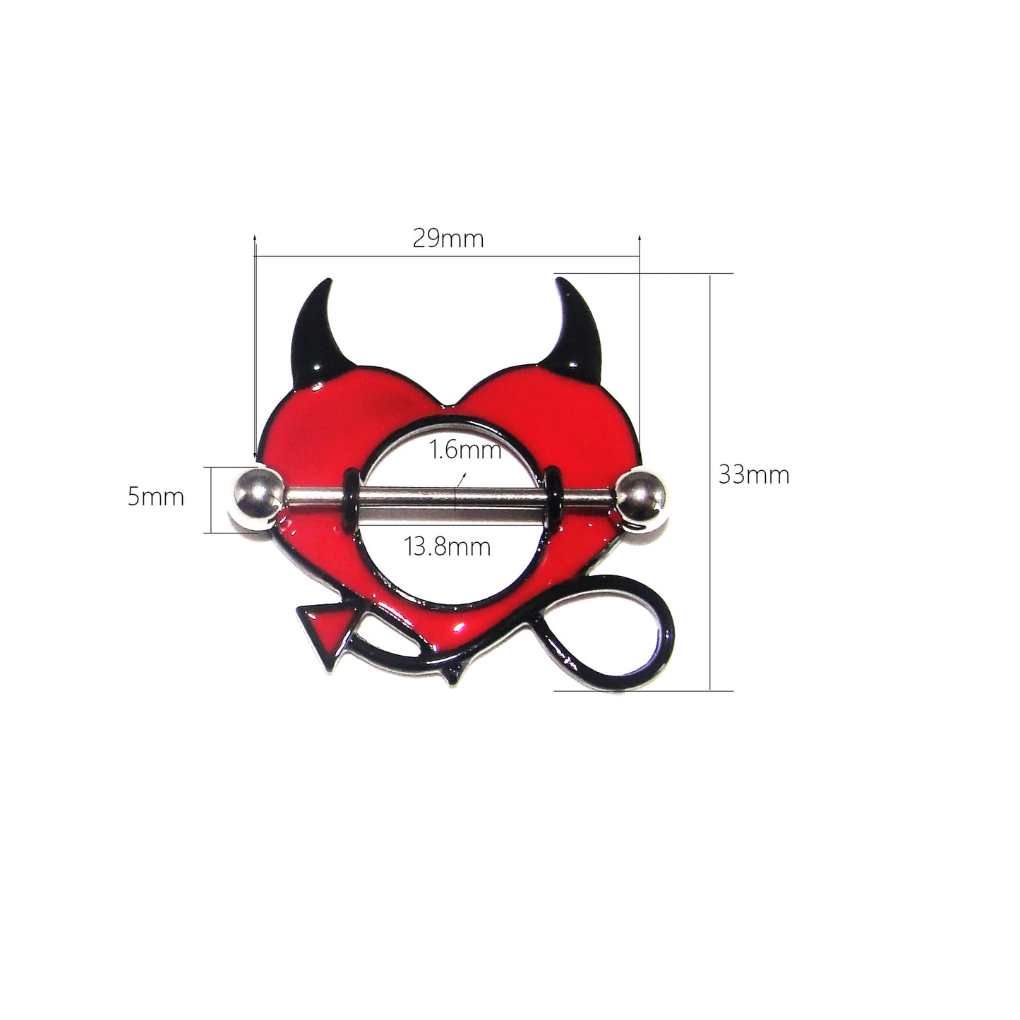 Detailed measurement diagram of a devil heart nipple shield showing 1.6mm thickness.