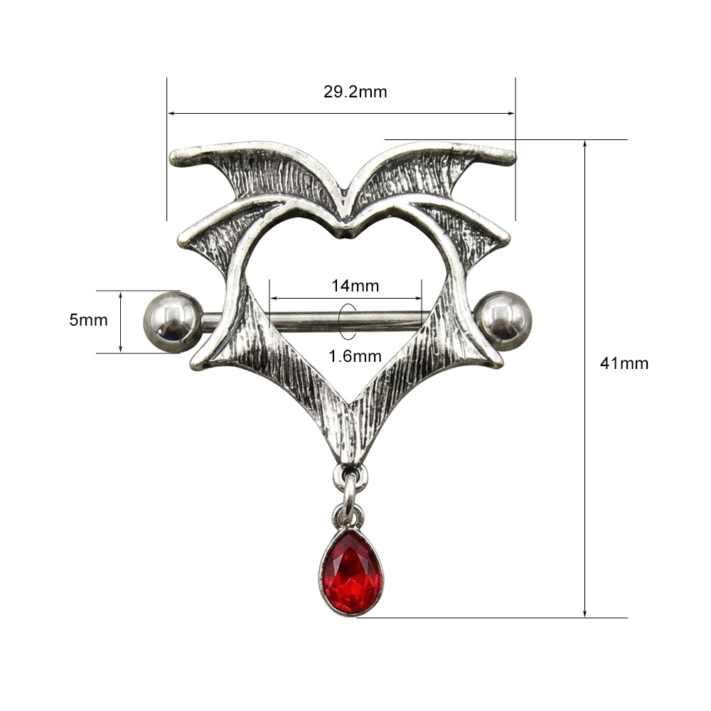 Detailed product dimensions chart for the vampire heart nipple ring showing 14G 1.6mm bar gauge, 14mm bar length, and 41mm total height.