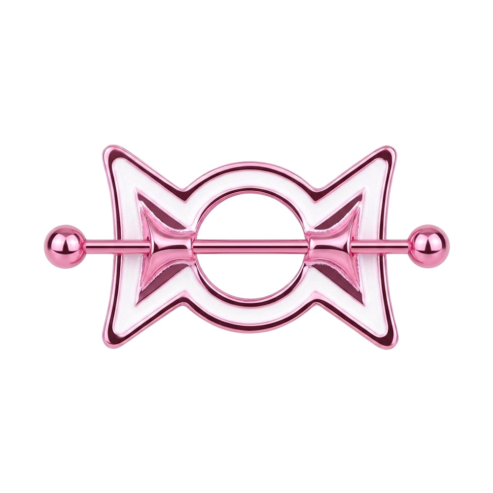 Front view of a sweet pink and white candy bow nipple shield with a 14G titanium straight barbell body piercing jewelry.