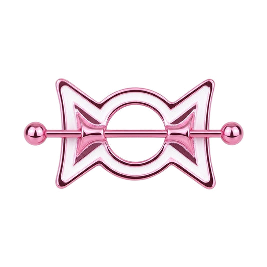 Front view of a sweet pink and white candy bow nipple shield with a 14G titanium straight barbell body piercing jewelry.