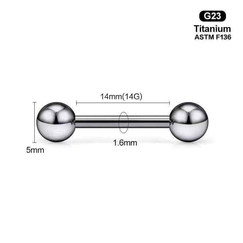 Accurate measurements for a 14mm length 14G straight barbell with 5mm balls.