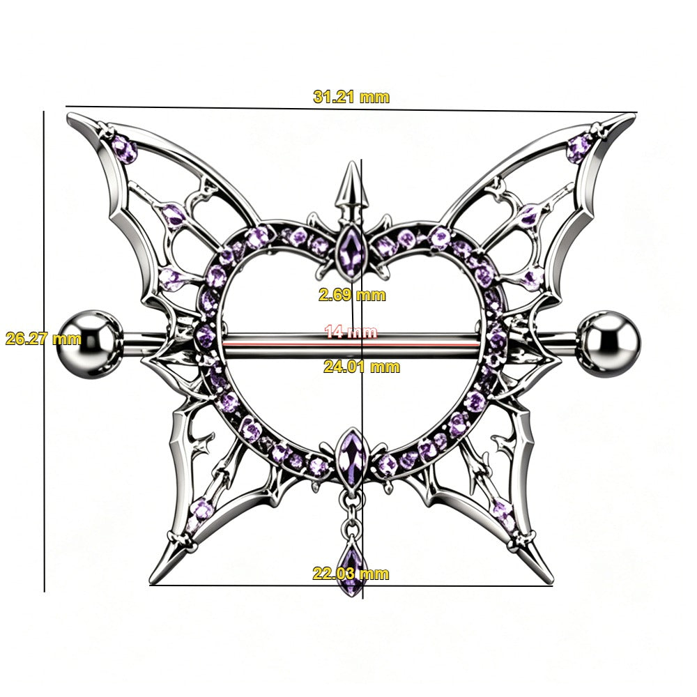 Detailed size specification chart of the butterfly nipple ring showing a 14mm wearable bar length, 31.21mm total width, and 26.27mm total height.