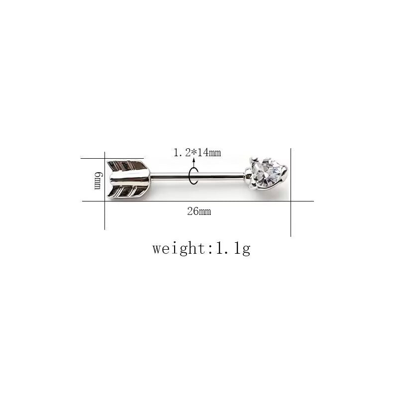 CZ crystal heart arrow nipple barbell ring in 16G 1.2x14mm specifications.