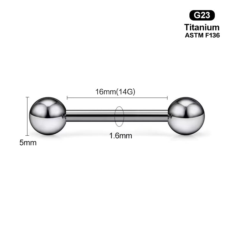 Size breakdown for a 16mm long 14G straight barbell suitable for various body piercings.