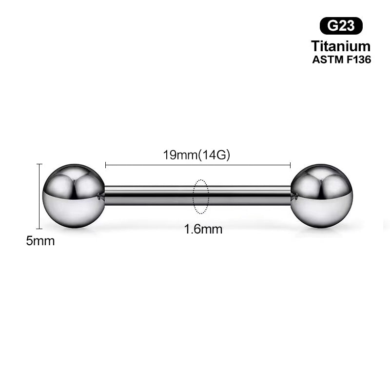 Detailed view of a 19mm length 14G straight barbell for industrial or tongue piercings.