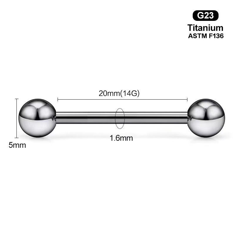 Specifications for a 20mm extra long 14G straight barbell with 1.6mm thickness.