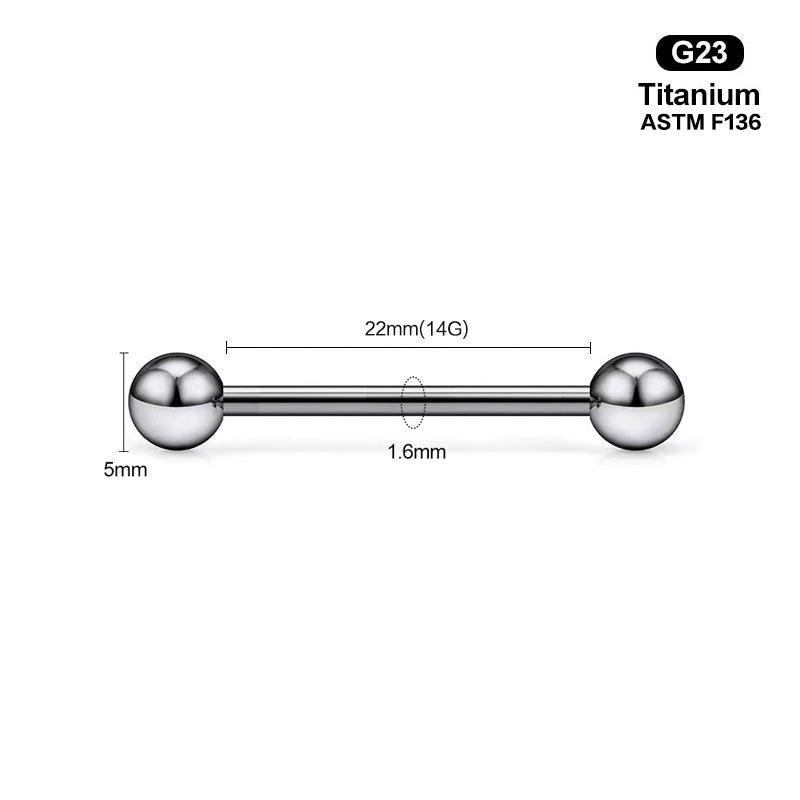 Size dimensions for the longest 22mm 14G internally threaded straight barbell.