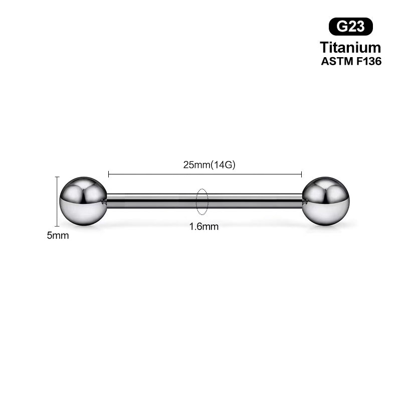 14G internally threaded extra-long straight barbell with 25mm length and 5mm balls.