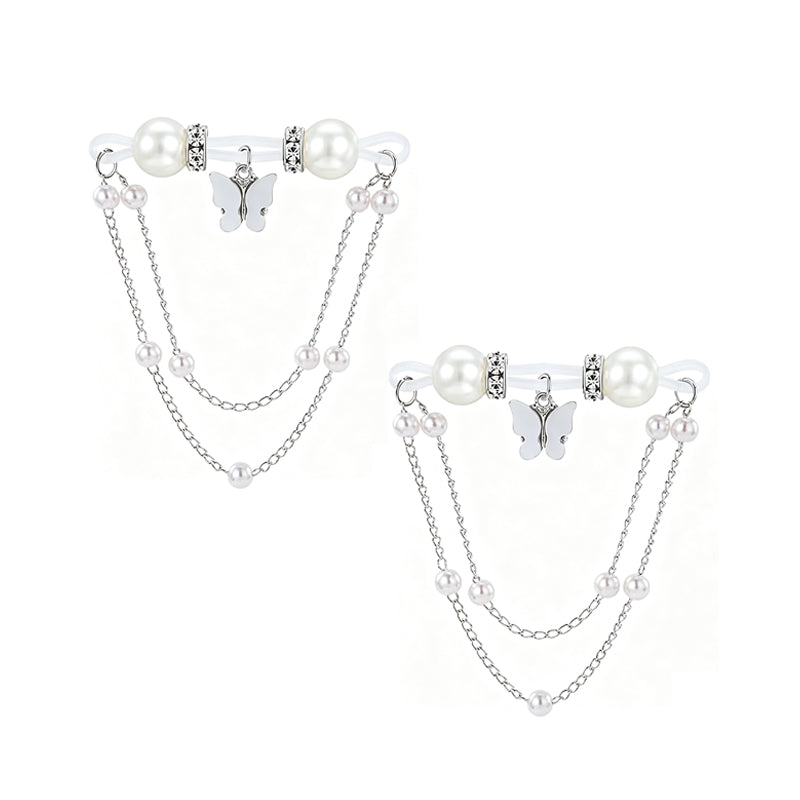 Pair of 2pcs non-piercing butterfly nipple jewelry sets with clear silicone bands and dangling pearl chains for pain-free body accessory.