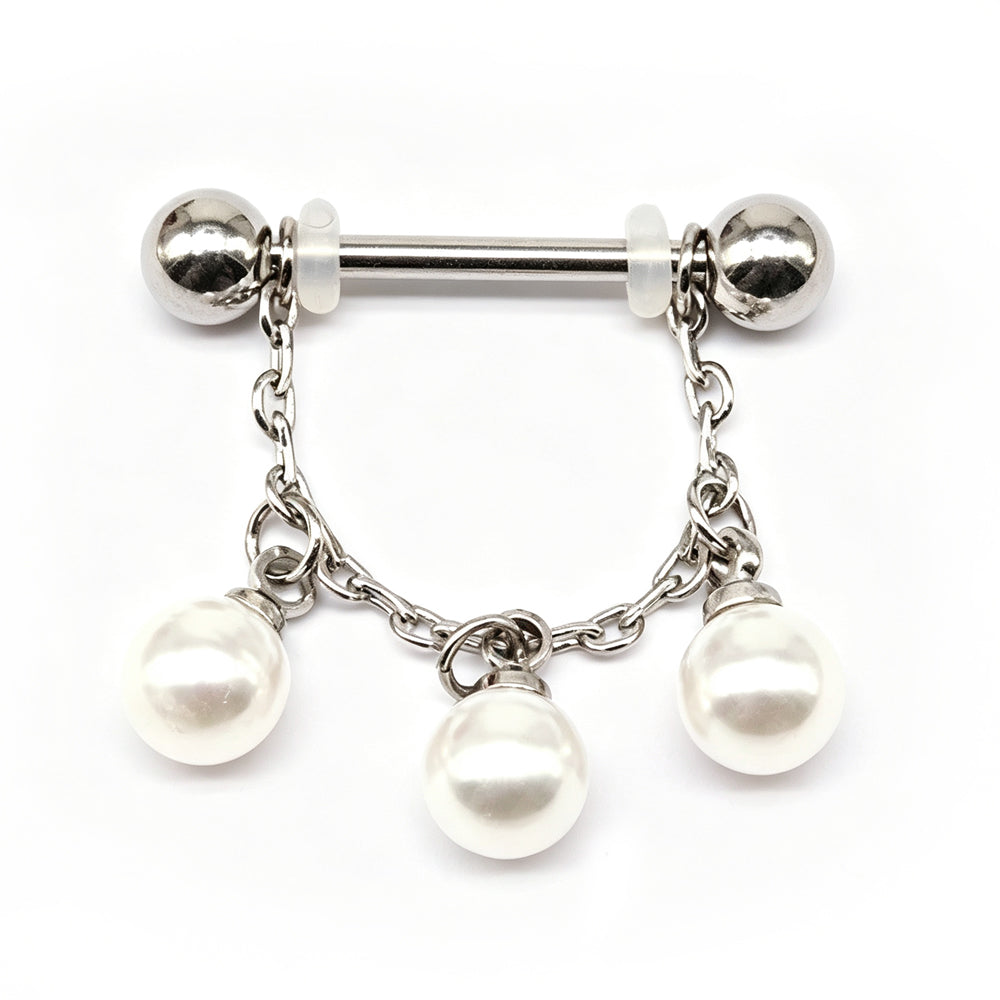 Minimalist 3-pearl dangle nipple ring with silver chain and threaded ball ends