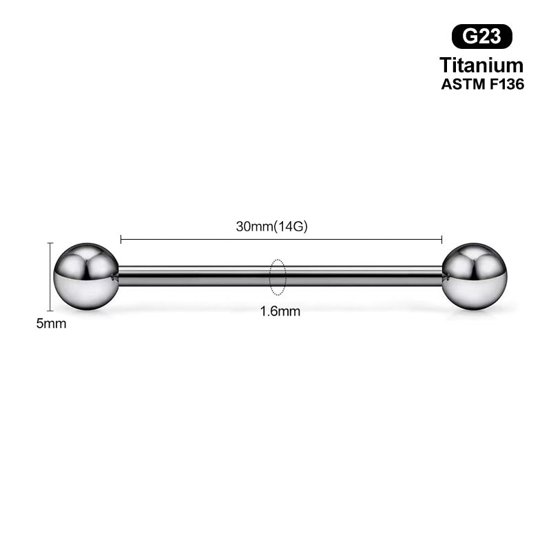 30mm length 14G internally threaded straight barbell with 1.6mm thickness.