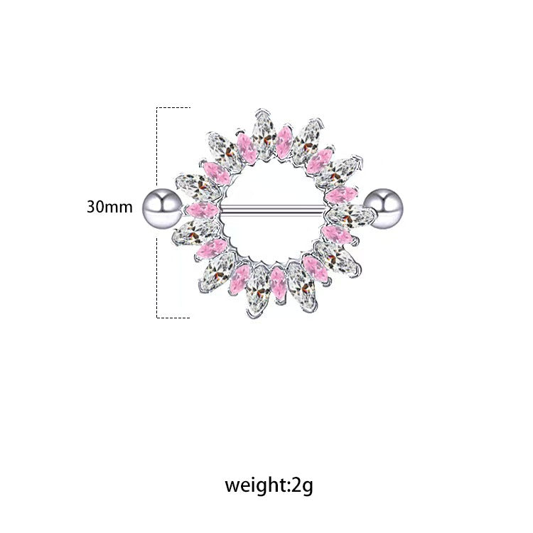 Technical specification layout showing a pink and white crystal nipple ring measuring 30mm in outer diameter and weighing 2g.