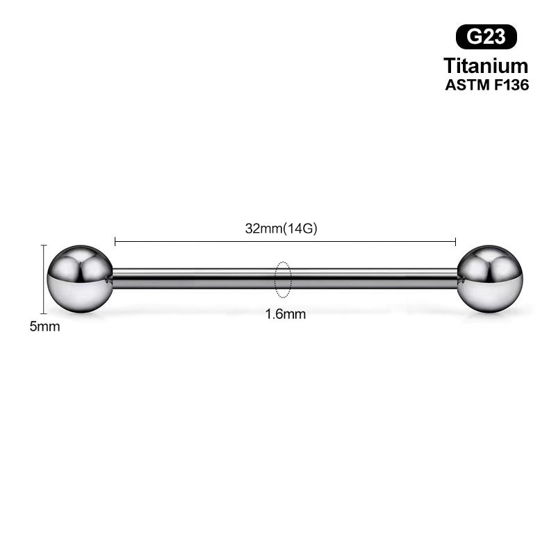 32mm long 14G barbell typically used for industrial scaffold piercing.