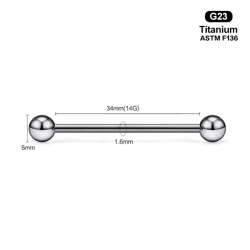 Detailed size dimensions for a 34mm extra-long 14G straight barbell.