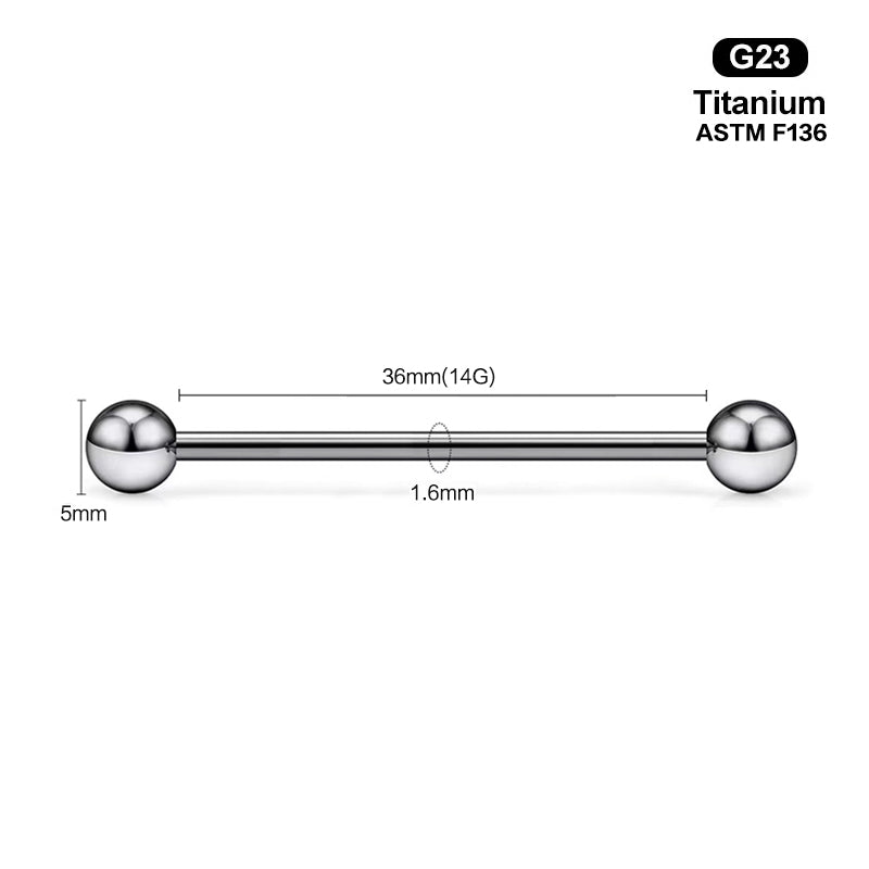 Accurate size chart for 36mm 14G internally threaded straight barbell jewelry.