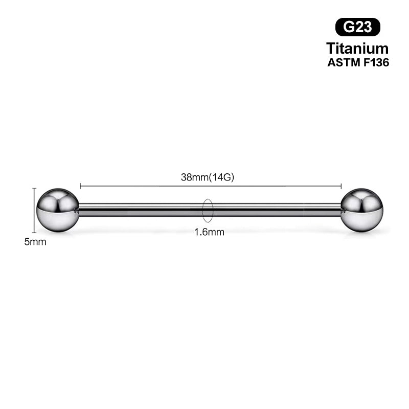 38mm extra-long 14G industrial piercing bar with detachable 5mm ball ends.