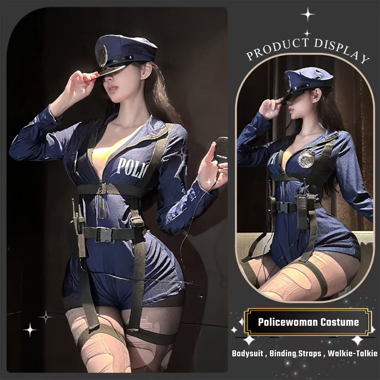 Product display of a 4-piece dark blue policewoman costume including bodysuit, binding straps, and toy walkie-talkie.