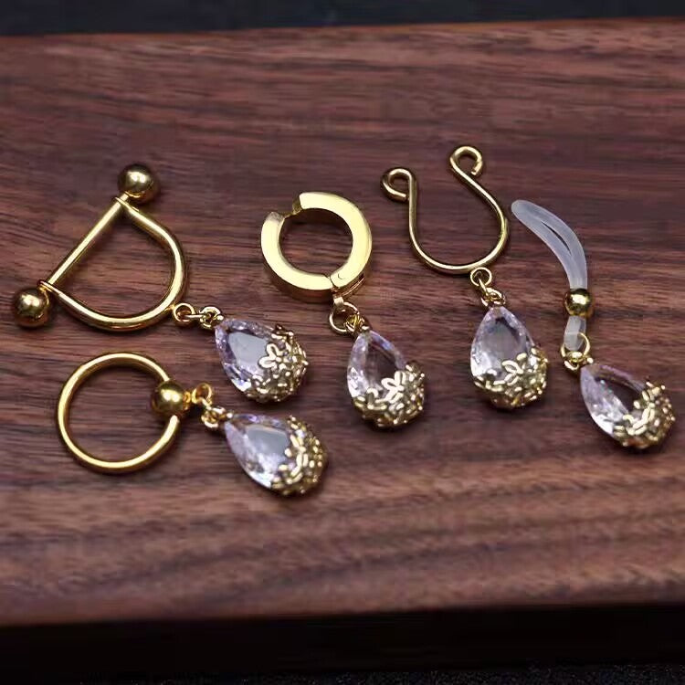 Sparkling Crystal Tear Drop Nipple Rings - Gold Vintage Dangle Pierced Barbell & Hoop Body Jewelry