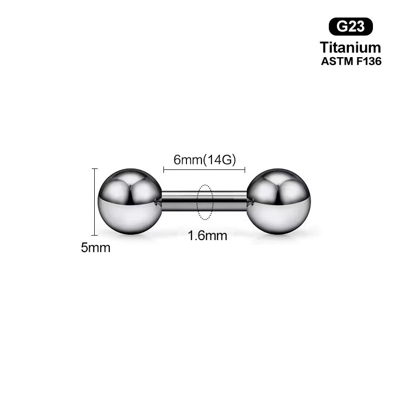 Size chart for a 6mm length 14G (1.6mm) straight barbell with 5mm ball ends.