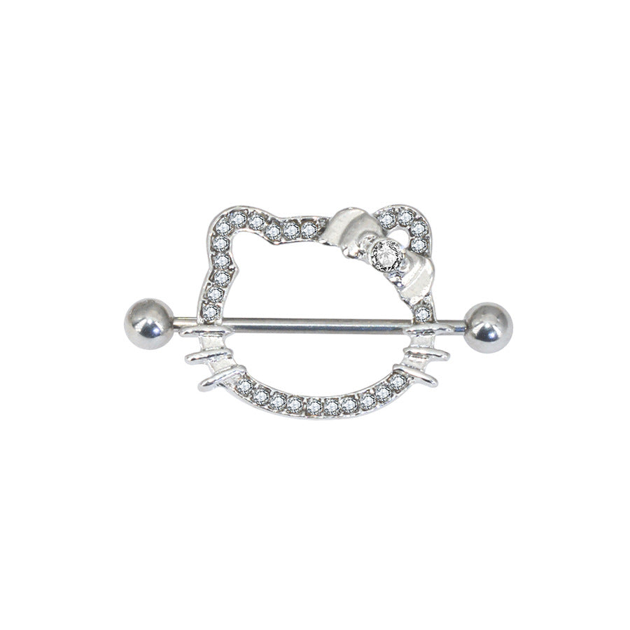 14G/26mm Sparkling Kitty Shield Nipple Barbell – Y2K Aesthetic Kawaii Piercing Jewelry – Gold & Silver