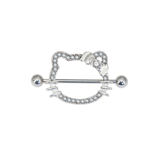 14G/26mm 輝くキティシールド乳首バーベル – Y2K美学かわいいピアスジュエリー – ゴールド＆シルバー