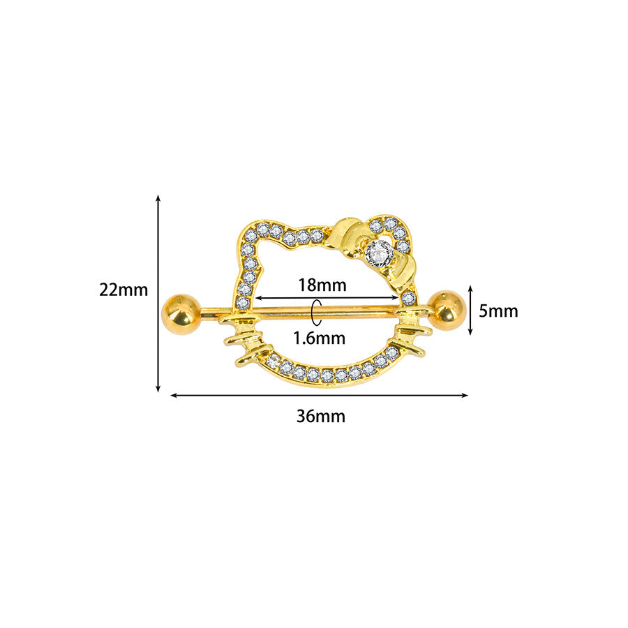 14G/26mm Sparkling Kitty Shield Nipple Barbell – Y2K Aesthetic Kawaii Piercing Jewelry – Gold & Silver