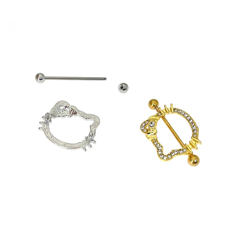 14G/26mm Sparkling Kitty Shield Nipple Barbell – Y2K Aesthetic Kawaii Piercing Jewelry – Gold & Silver