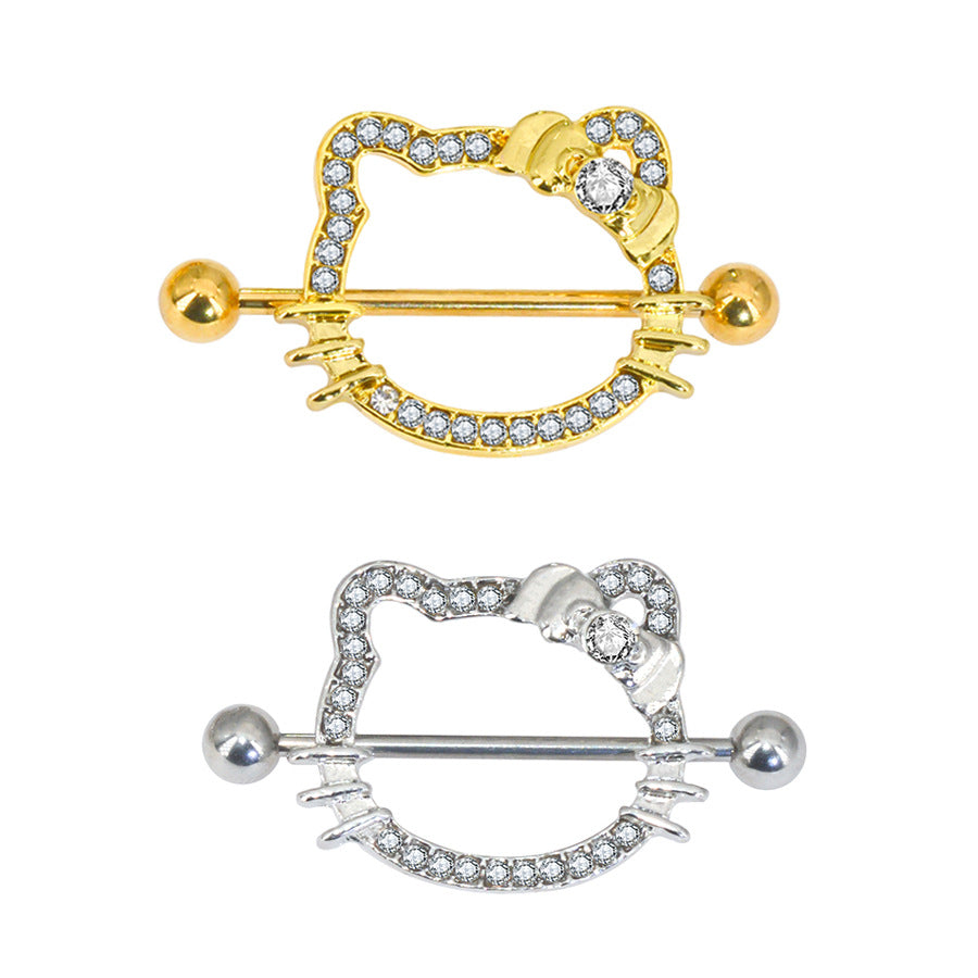 14G/26mm Sparkling Kitty Shield Nipple Barbell – Y2K Aesthetic Kawaii Piercing Jewelry – Gold & Silver