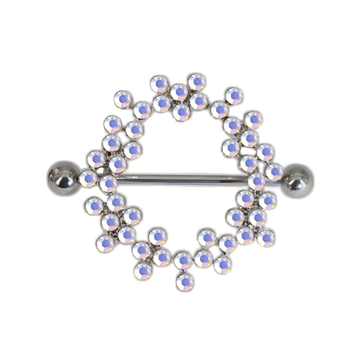 A single iridescent aurora borealis crystal nipple shield piercing ring on a seamless white background.