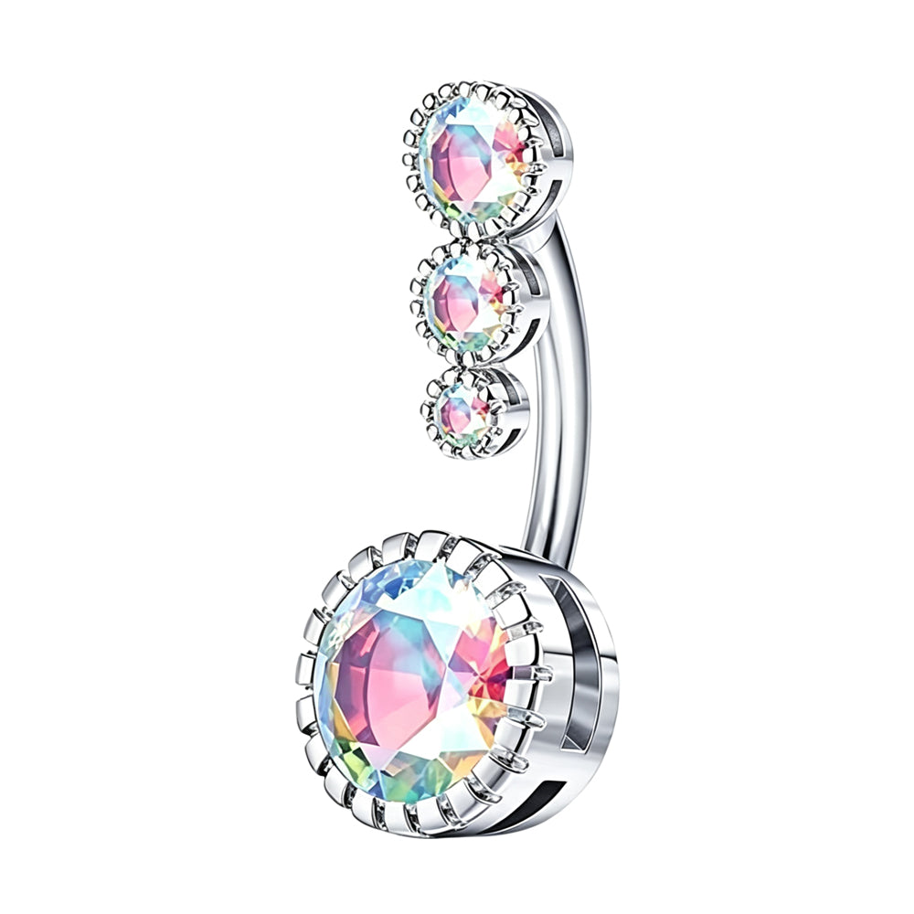 Iridescent AB rainbow color triple CZ curved top belly button ring reflecting multicolored light
