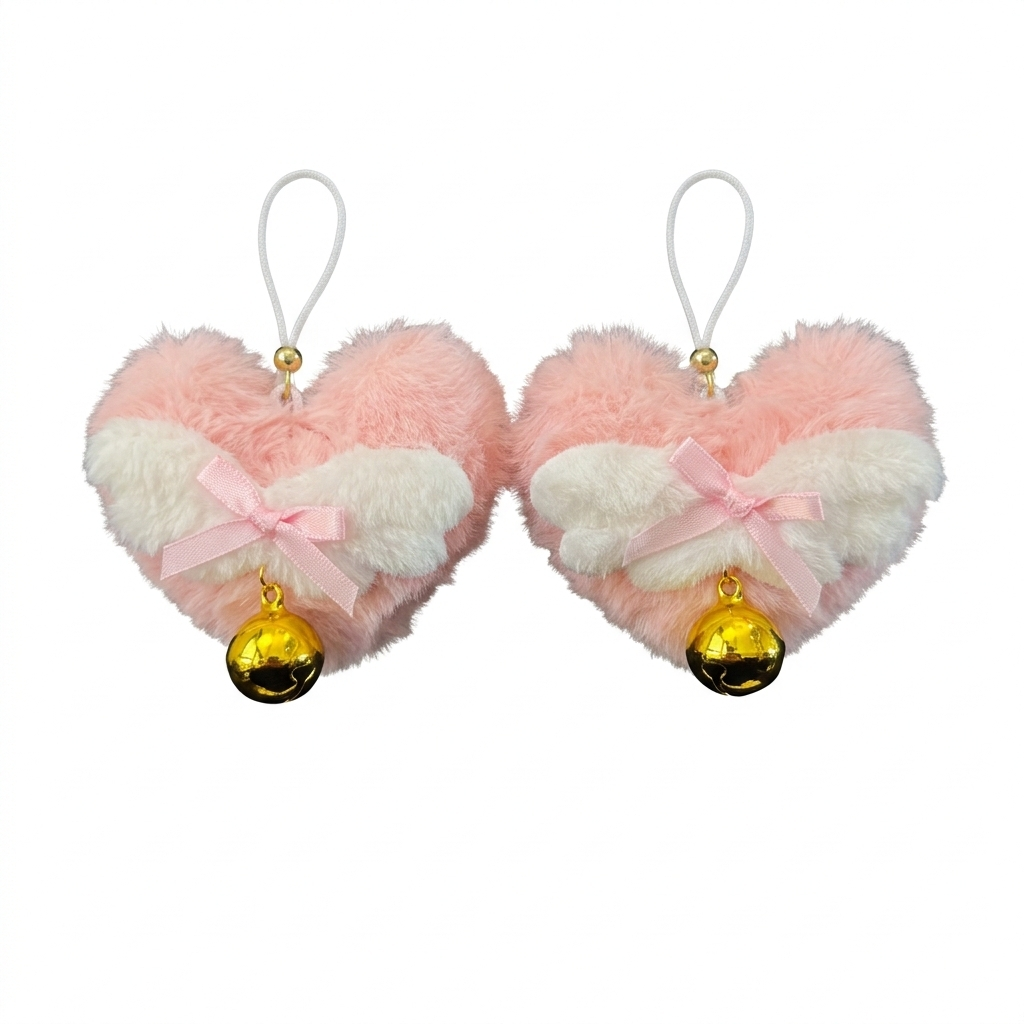 A set of two pink plush heart nipple rings featuring adjustable clear loops, gold beads, and decorative jingle bells on a white background.