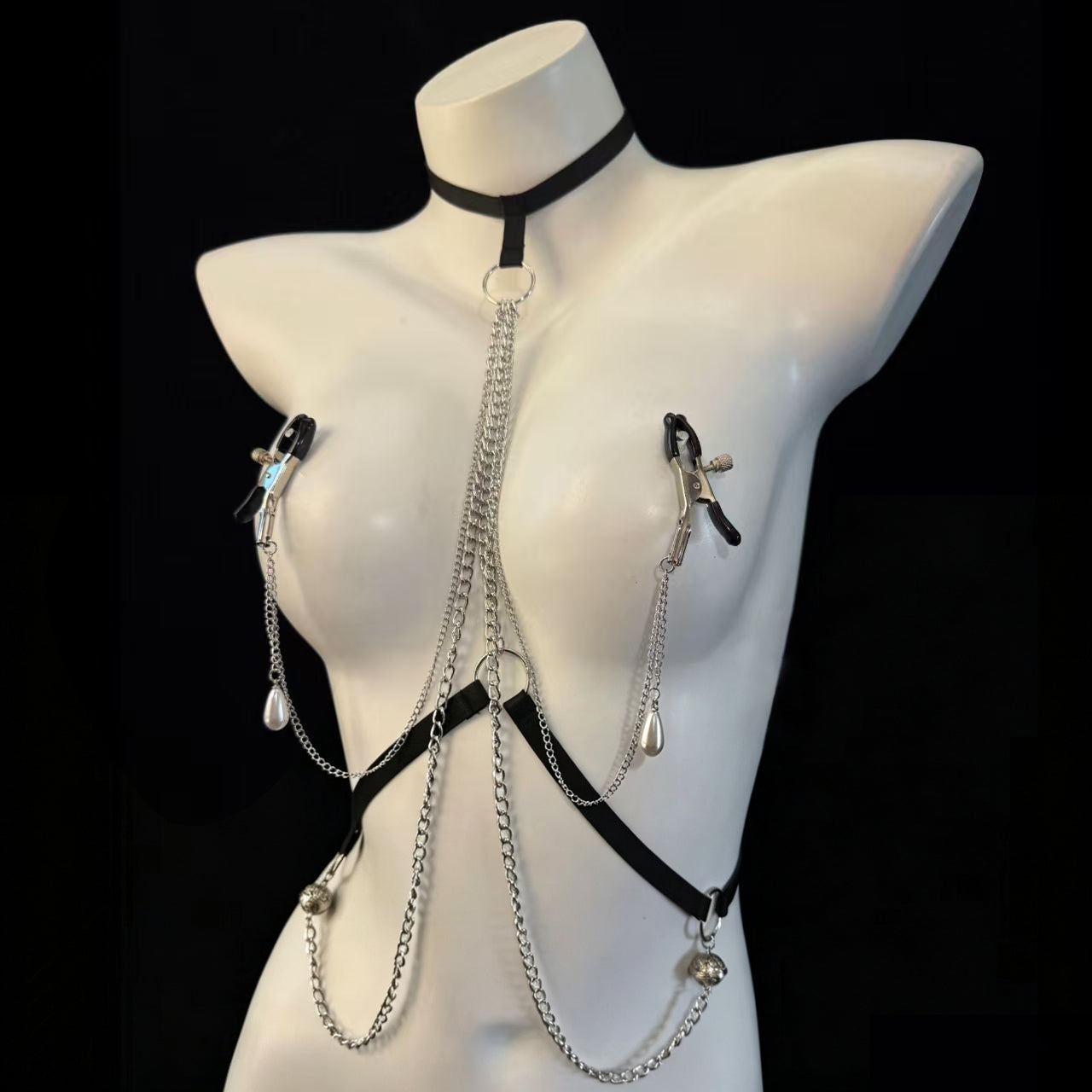 Front view of gothic body harness chest chain with adjustable rubber-tipped screw nipple clamps on a mannequin.