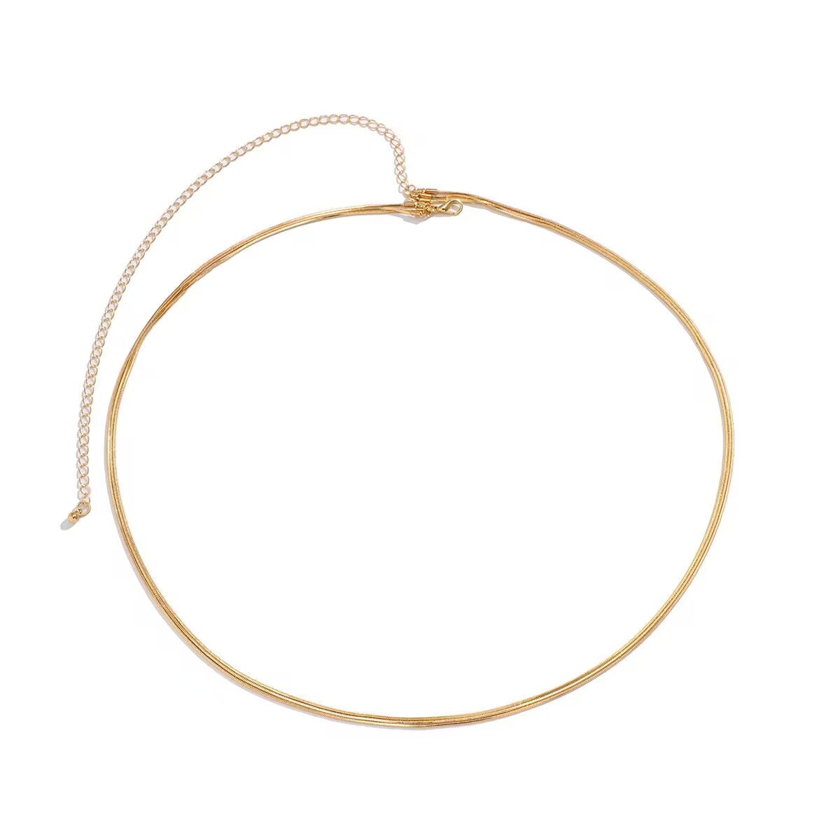 Flat lay view of an adjustable gold snake chain waist chain with lobster clasp and extender chain.