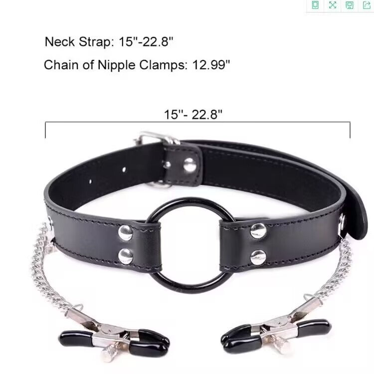 Close up view of black leather choker with chain nipple clamps showing neck strap and chain length dimensions.