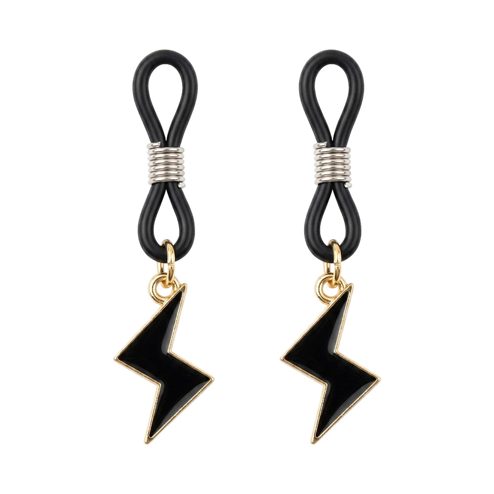 A pair of minimalist lightning bolt non-piercing nipple dangles with adjustable rubber sliders.