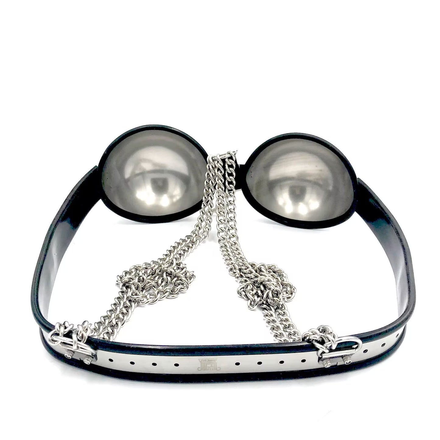 Back view and inner structure of the metal bra showing the fully adjustable belt-like steel strap and hollow inner dome cups.