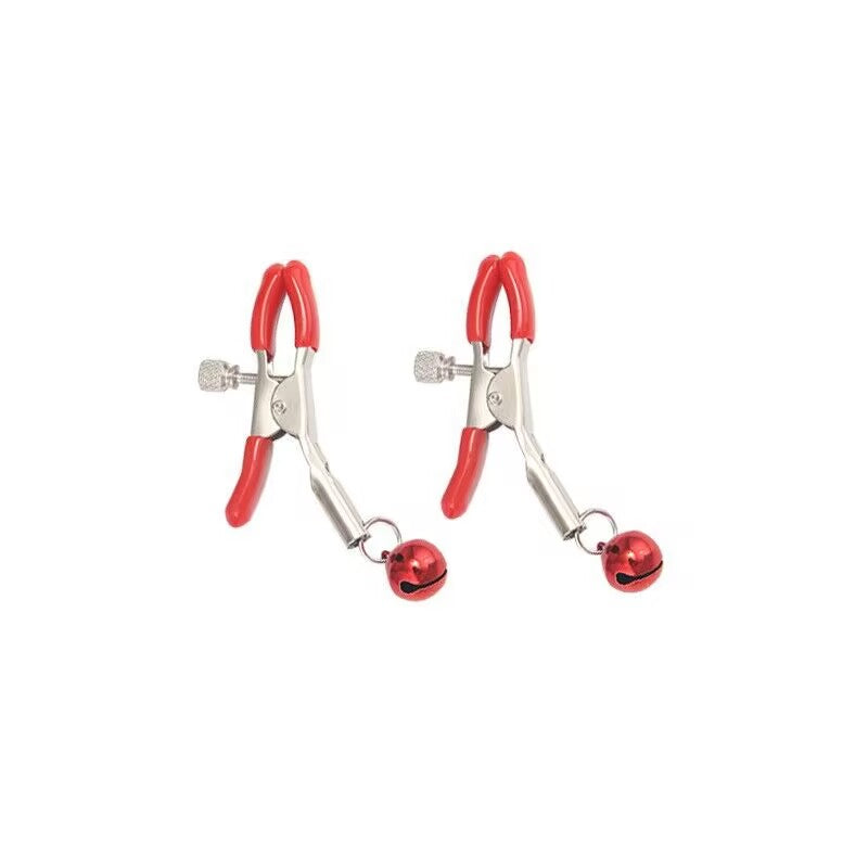 A pair of silver adjustable metal sensory clamps with red rubber tips and red bells.
