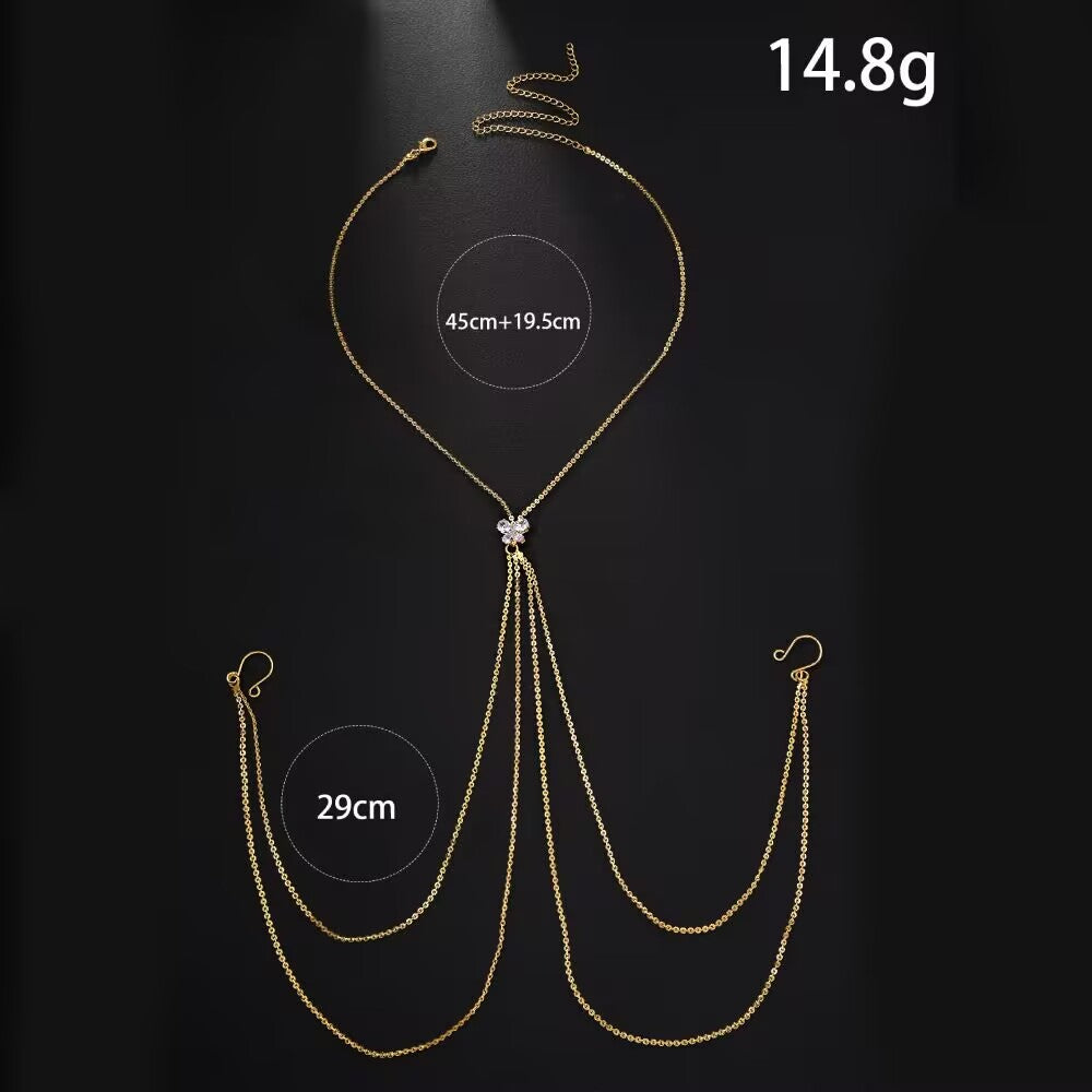 Gold non-piercing nipple clamps body chain necklace measurement diagram showing 45cm necklace with 19.5cm extension and 29cm draping chain weighing 14.8g