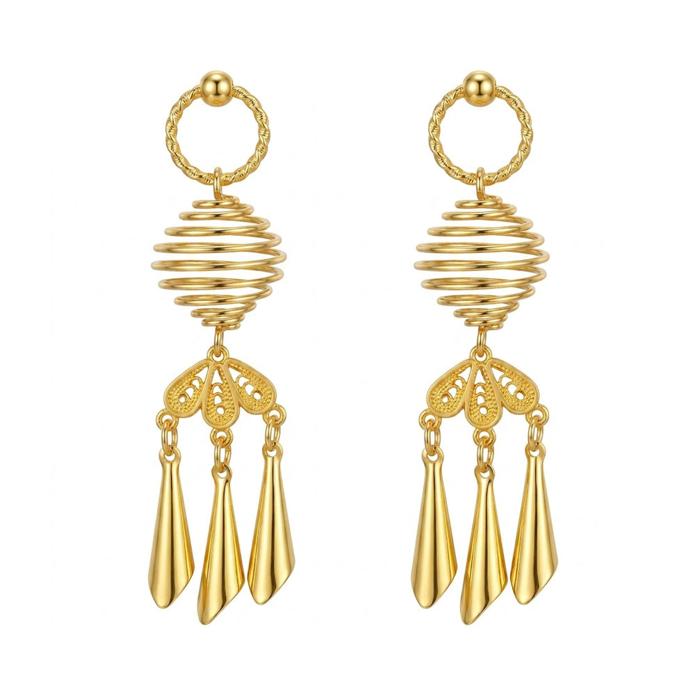 A pair of adjustable gold spiral nipple clamps with elegant hanging ornaments for alternative fashion.