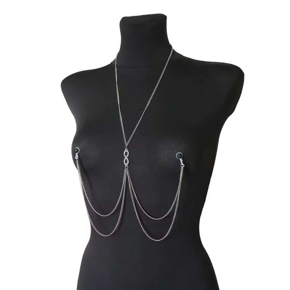Front view of adjustable non-pierced nipple clamp body chain set displayed on a black mannequin.