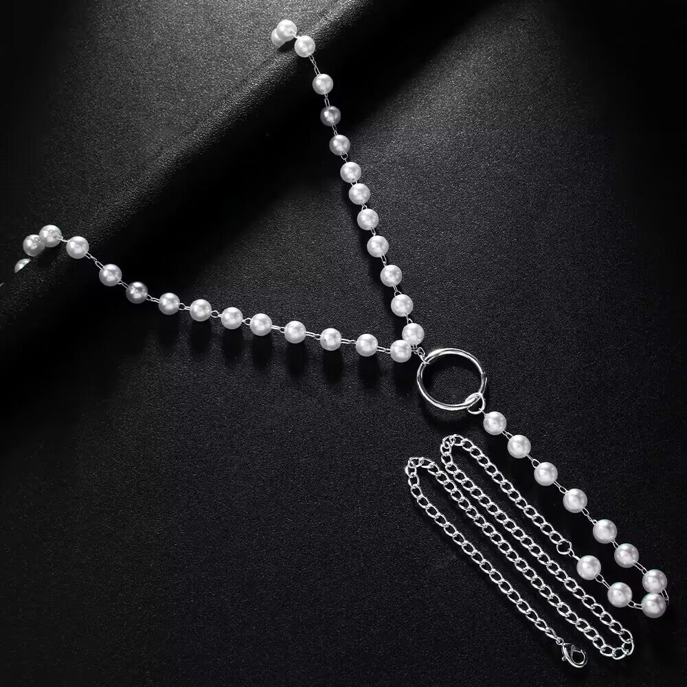 Full layout of elegant pearl G-string body chain jewelry featuring silver lobster clasps and extension chain.