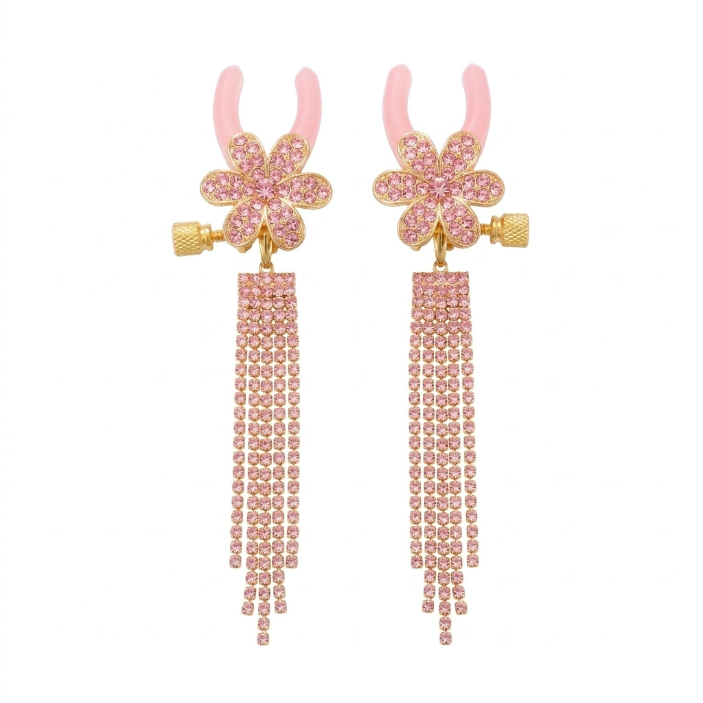 Two light pink crystal floral nipple clamps with shimmering tassels, designed for non-piercing body decoration.