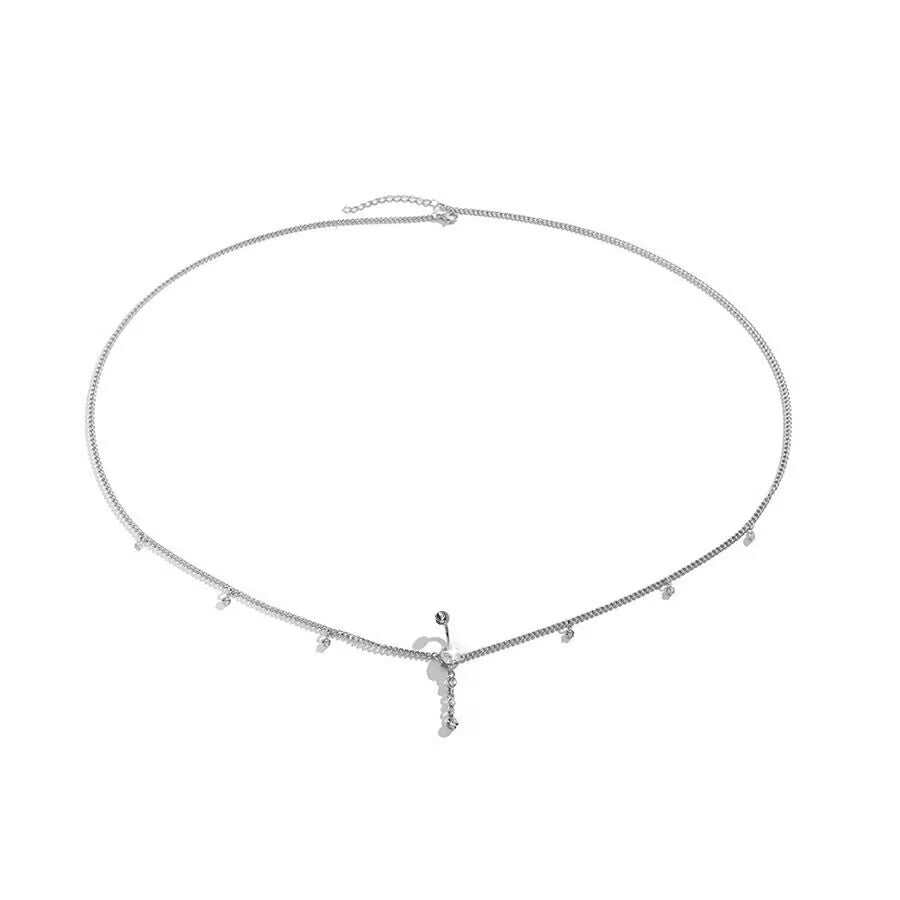 Full view layout of adjustable rhinestone body waist chain with dangle navel piercing jewelry.