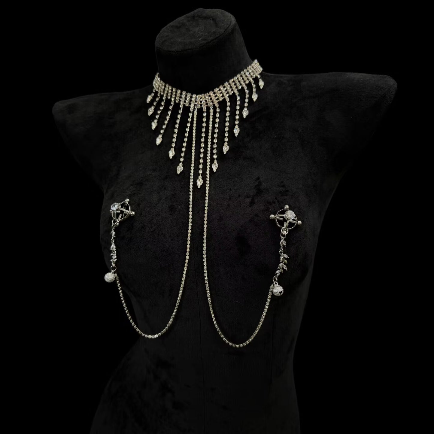 Sparkly rhinestone choker body jewelry with adjustable screw ring nipple clamps.