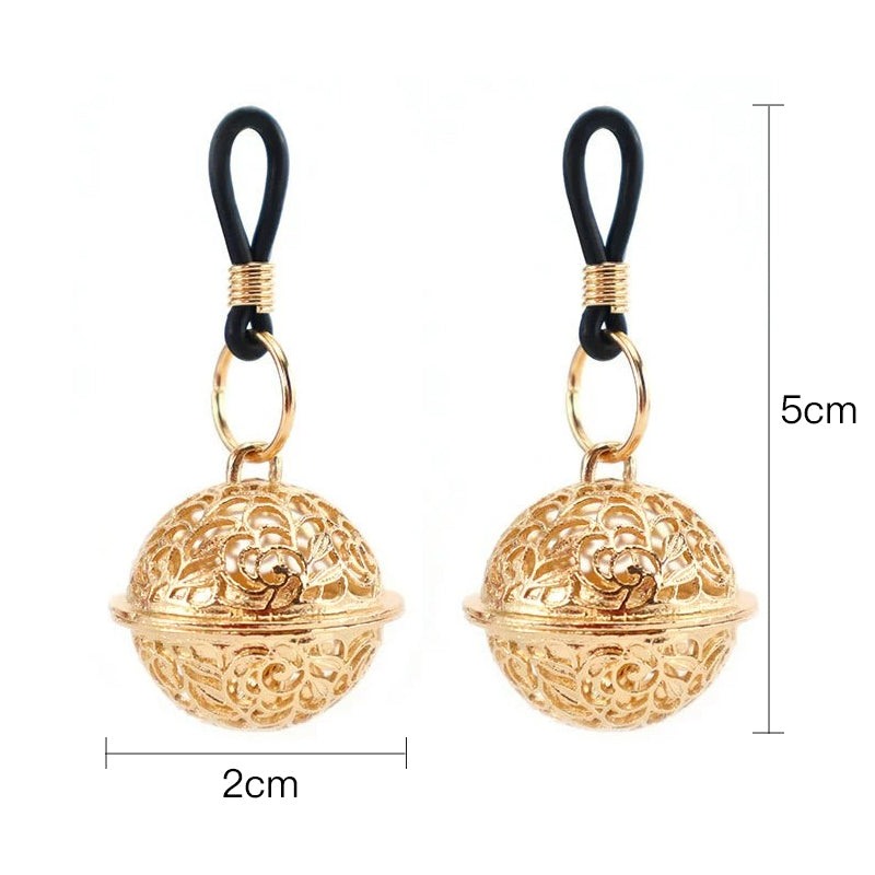Product dimensions of gold filigree sensory loops showing 5cm length and 2cm sphere width.