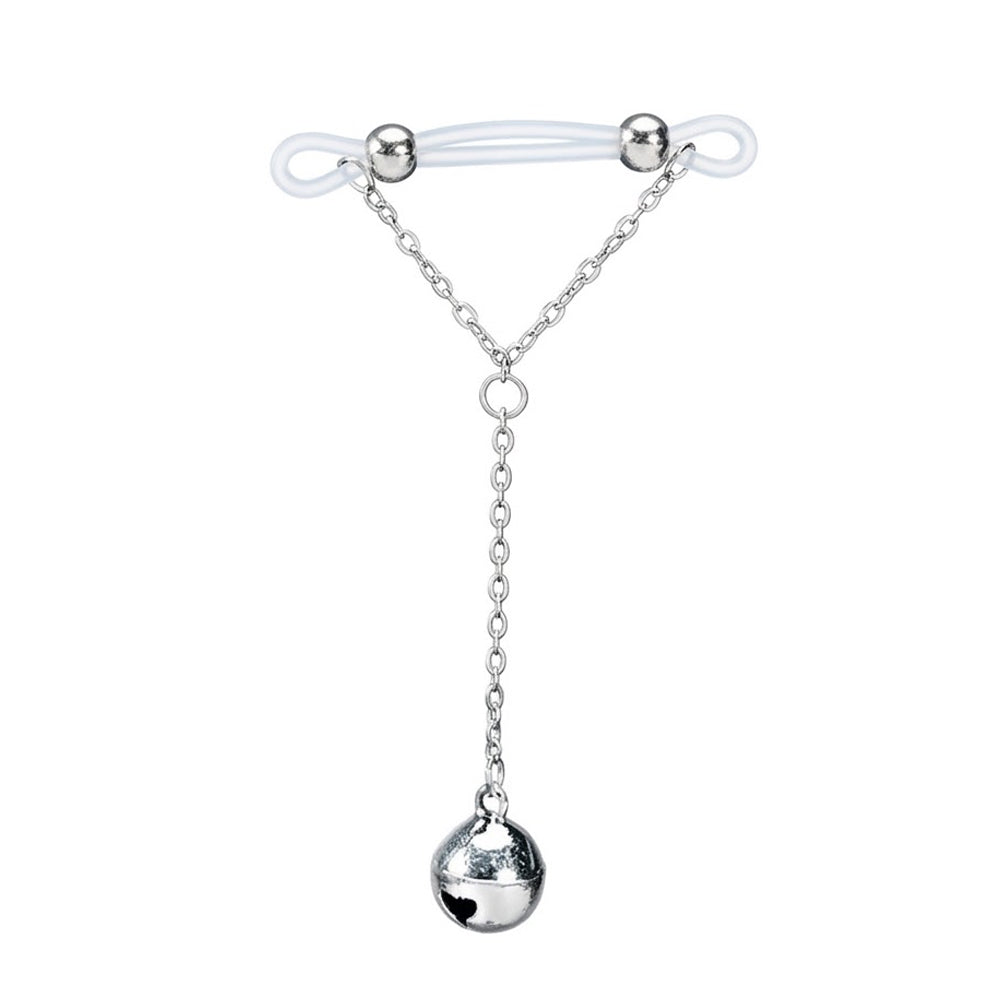 Non-piercing clear silicone nipple clamp pair featuring adjustable loops and silver bell pendant chains.