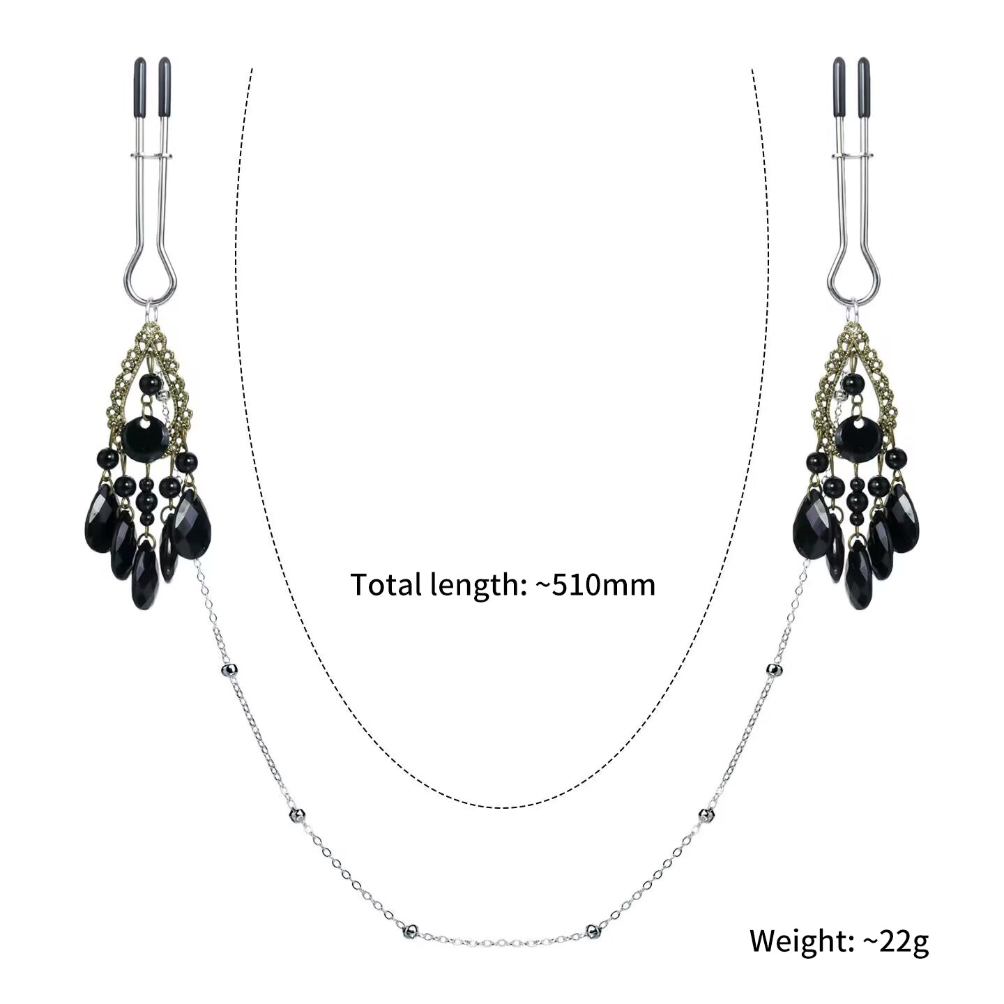 Adjustable U shape non pierced body clamp chain in silver tone with bohemian black crystal charm.