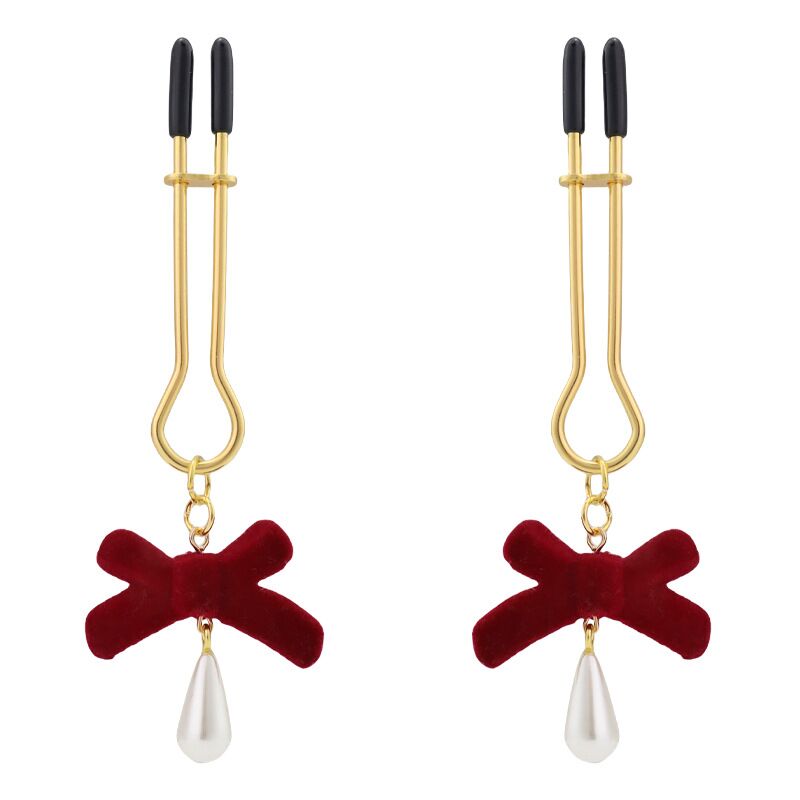 Adjustable U-shaped non-piercing nipple clamps with red velvet bows and elegant teardrop pearl charms.