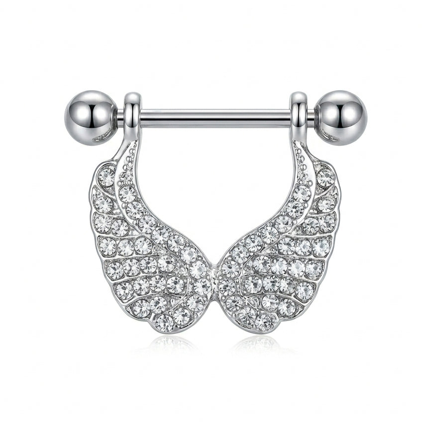 Front view of a silver-toned nipple shield featuring an intricate angel wings design decorated with clear shimmering crystals.